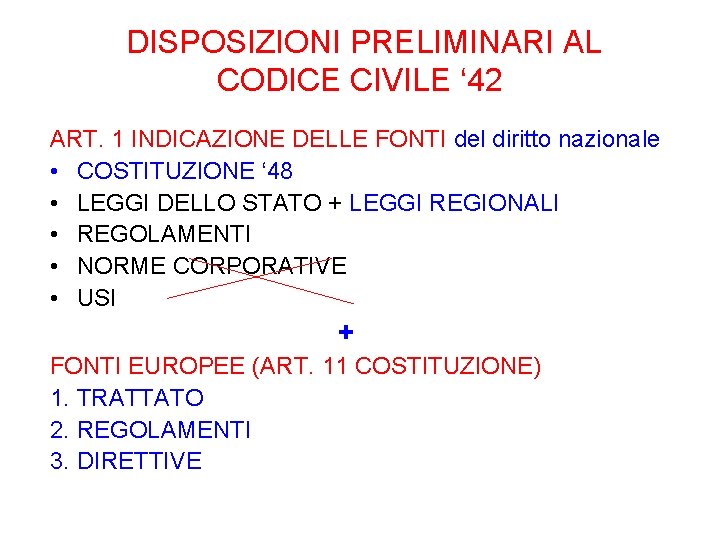 DISPOSIZIONI PRELIMINARI AL CODICE CIVILE ‘ 42 ART. 1 INDICAZIONE DELLE FONTI del diritto