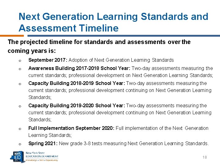 Next Generation Learning Standards and Assessment Timeline The projected timeline for standards and assessments