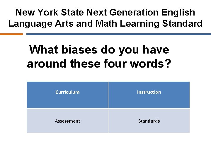 New York State Next Generation English Language Arts and Math Learning Standard What biases