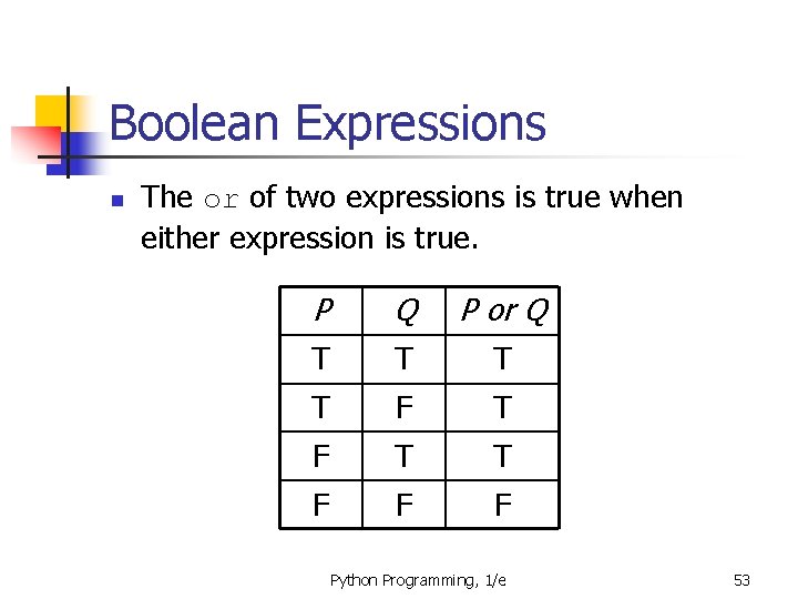 Boolean Expressions n The or of two expressions is true when either expression is