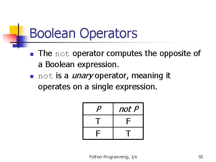 Boolean Operators n n The not operator computes the opposite of a Boolean expression.