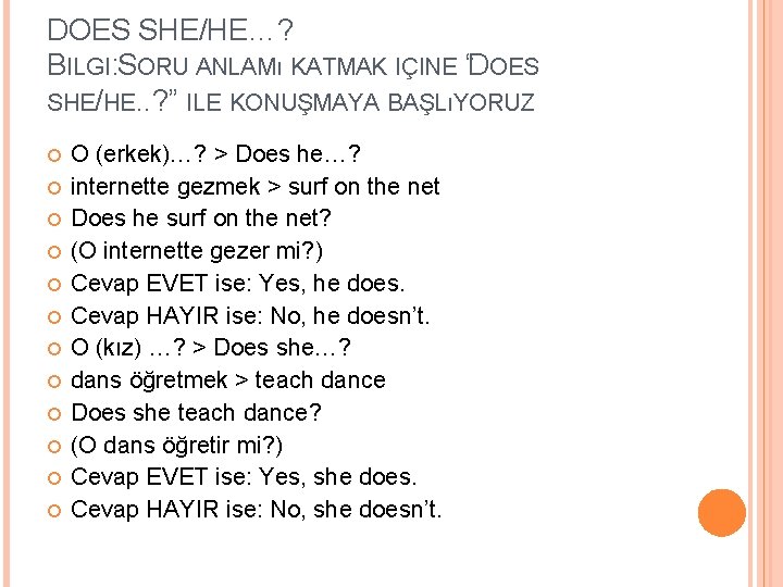 DOES SHE/HE…? BILGI: SORU ANLAMı KATMAK IÇINE “DOES SHE/HE. . ? ” ILE KONUŞMAYA