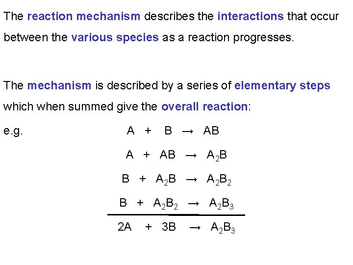 The reaction mechanism describes the interactions that occur between the various species as a