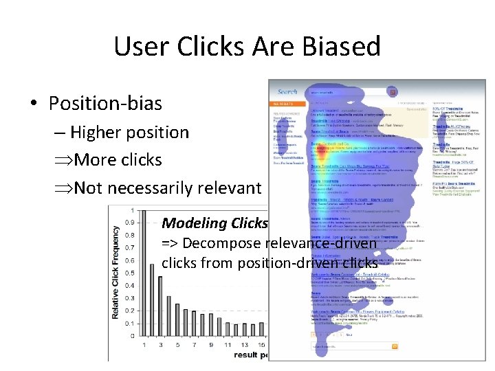 User Clicks Are Biased • Position-bias – Higher position ÞMore clicks ÞNot necessarily relevant