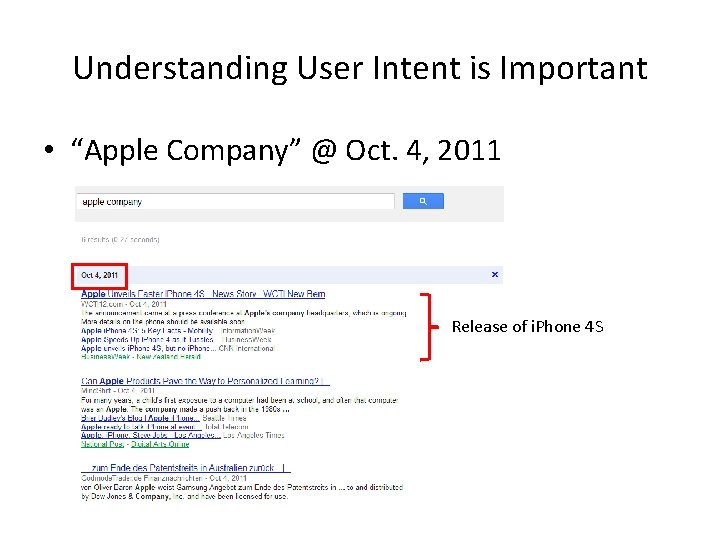 Understanding User Intent is Important • “Apple Company” @ Oct. 4, 2011 Release of