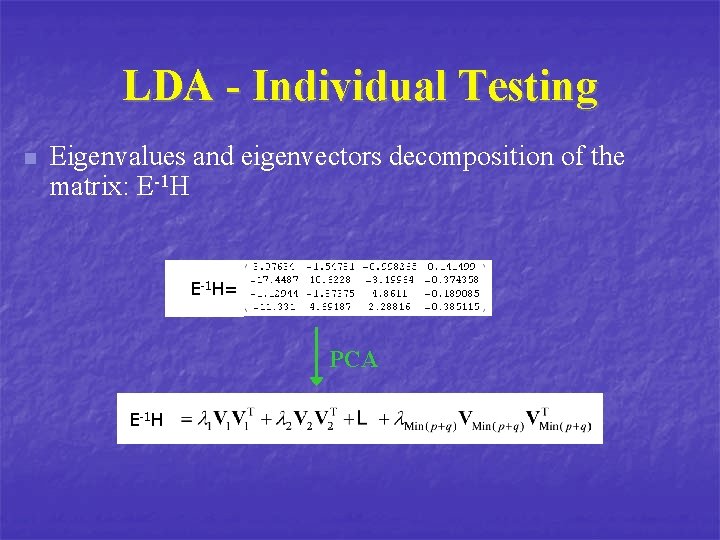 LDA - Individual Testing n Eigenvalues and eigenvectors decomposition of the matrix: E-1 H=