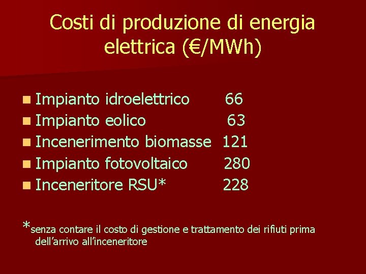 Costi di produzione di energia elettrica (€/MWh) n Impianto idroelettrico n Impianto eolico n