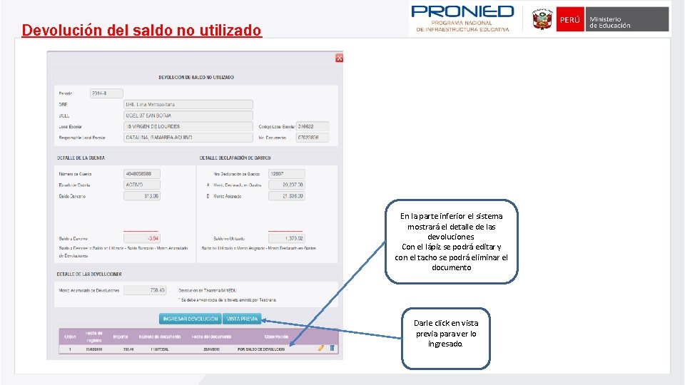 Devolución del saldo no utilizado En la parte inferior el sistema mostrará el detalle