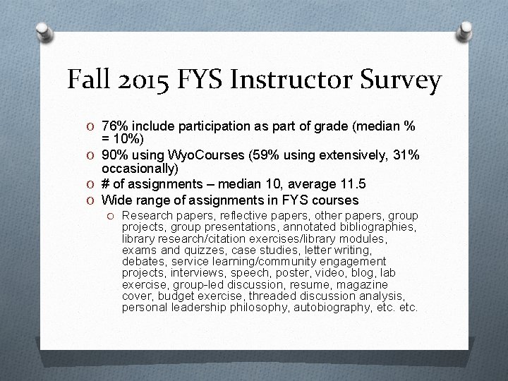 Fall 2015 FYS Instructor Survey O 76% include participation as part of grade (median