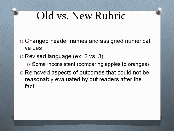 Old vs. New Rubric O Changed header names and assigned numerical values O Revised