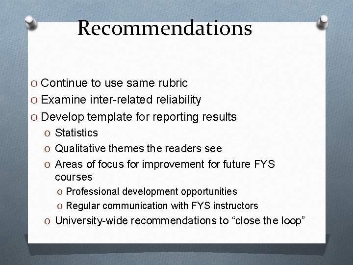 Recommendations O Continue to use same rubric O Examine inter-related reliability O Develop template