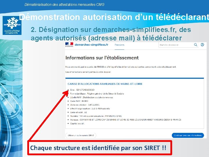 Dématérialisation des attestations mensuelles CMG Démonstration autorisation d’un télédéclarant 2. Désignation sur demarches-simplifiees. fr,