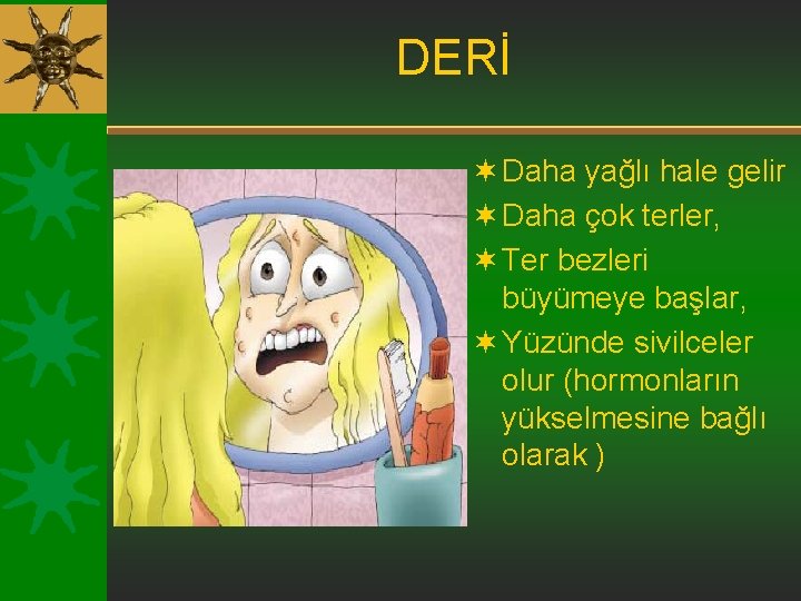 DERİ ¬ Daha yağlı hale gelir ¬ Daha çok terler, ¬ Ter bezleri büyümeye