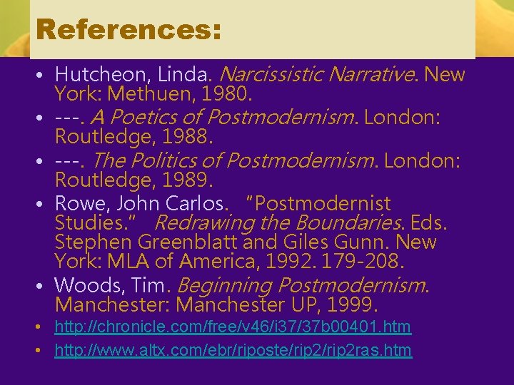 References: • Hutcheon, Linda. Narcissistic Narrative. New York: Methuen, 1980. • ---. A Poetics