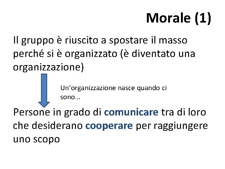 Morale (1) Il gruppo è riuscito a spostare il masso perché si è organizzato Morale (1) Il gruppo è riuscito a spostare il masso perché si è organizzato