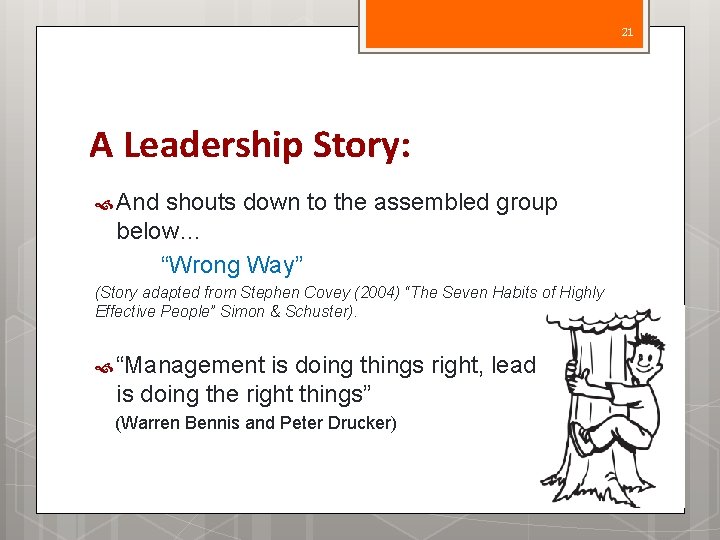 21 A Leadership Story: And shouts down to the assembled group below… “Wrong Way”