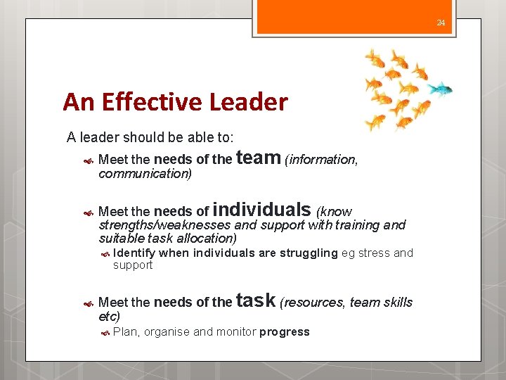 24 An Effective Leader A leader should be able to: Meet the needs of