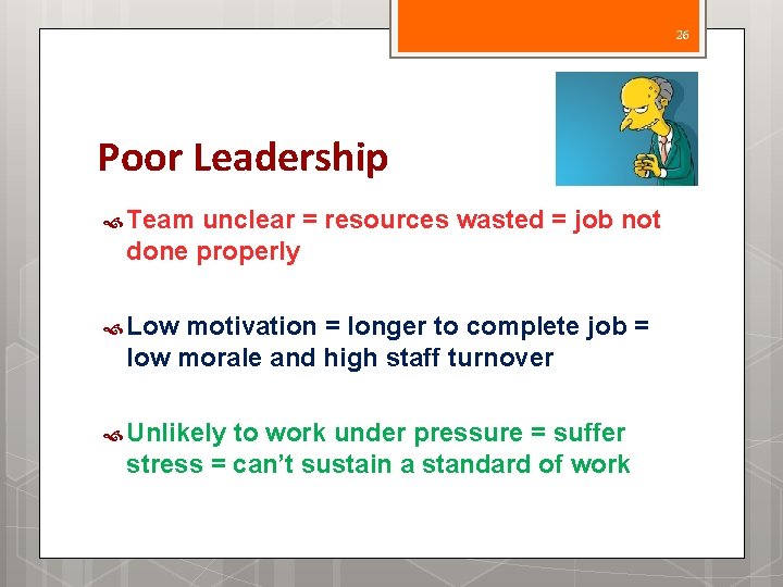 26 Poor Leadership Team unclear = resources wasted = job not done properly Low