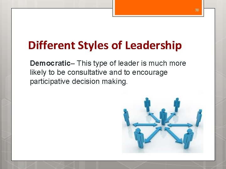 30 Different Styles of Leadership Democratic– This type of leader is much more likely