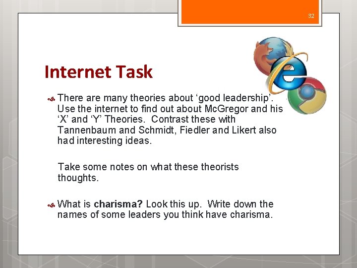 32 Internet Task There are many theories about ‘good leadership’. Use the internet to