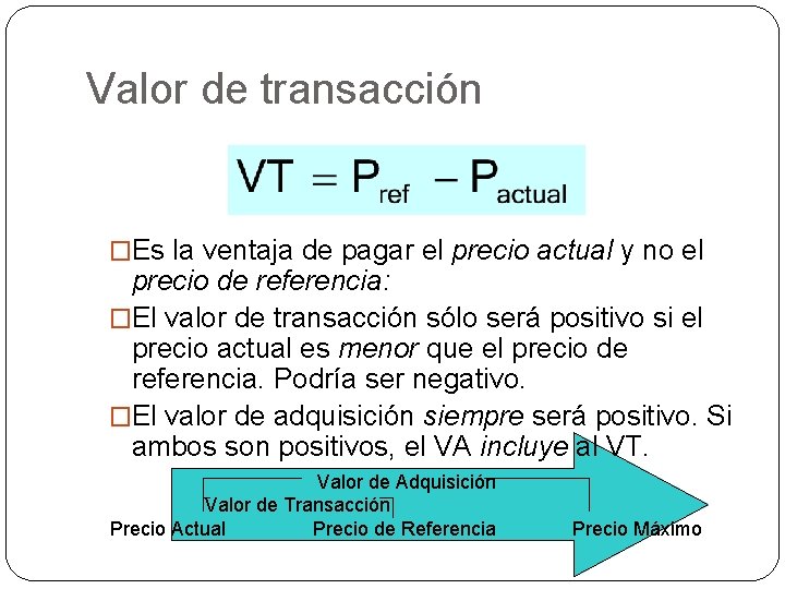 Valor de transacción �Es la ventaja de pagar el precio actual y no el