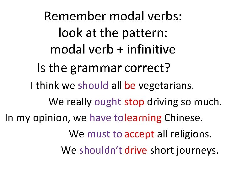Remember modal verbs: look at the pattern: modal verb + infinitive Is the grammar
