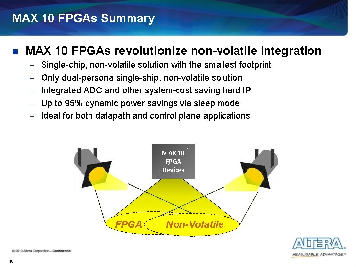 MAX 10 FPGAs Summary n MAX 10 FPGAs revolutionize non-volatile integration - Single-chip, non-volatile MAX 10 FPGAs Summary n MAX 10 FPGAs revolutionize non-volatile integration - Single-chip, non-volatile