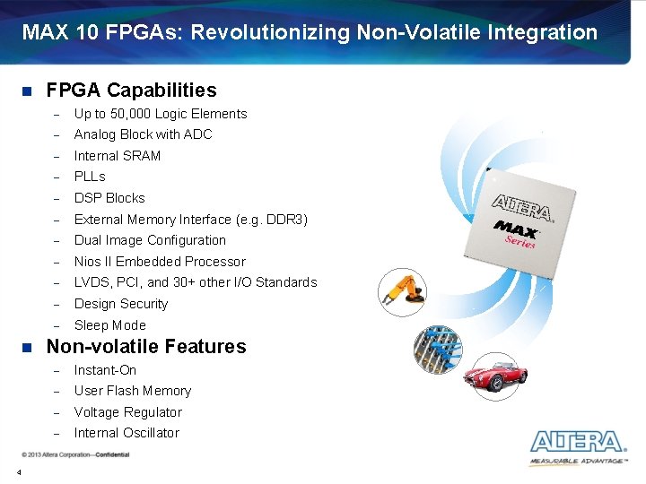 MAX 10 FPGAs: Revolutionizing Non-Volatile Integration n n 4 FPGA Capabilities - Up to MAX 10 FPGAs: Revolutionizing Non-Volatile Integration n n 4 FPGA Capabilities - Up to