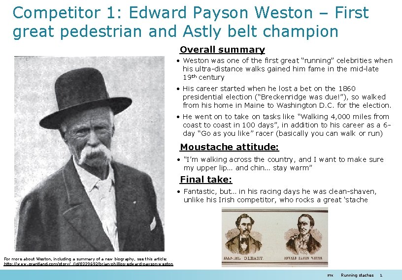 Competitor 1: Edward Payson Weston – First great pedestrian and Astly belt champion Overall Competitor 1: Edward Payson Weston – First great pedestrian and Astly belt champion Overall