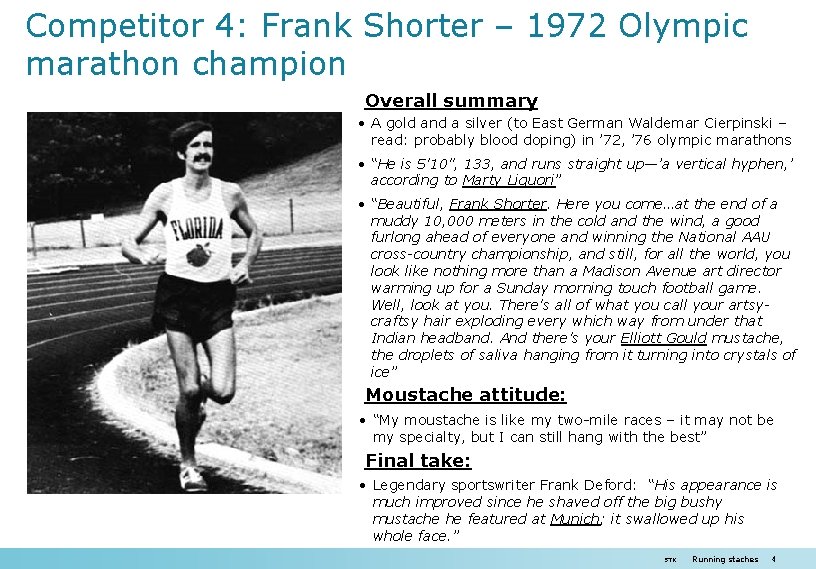 Competitor 4: Frank Shorter – 1972 Olympic marathon champion Overall summary • A gold Competitor 4: Frank Shorter – 1972 Olympic marathon champion Overall summary • A gold