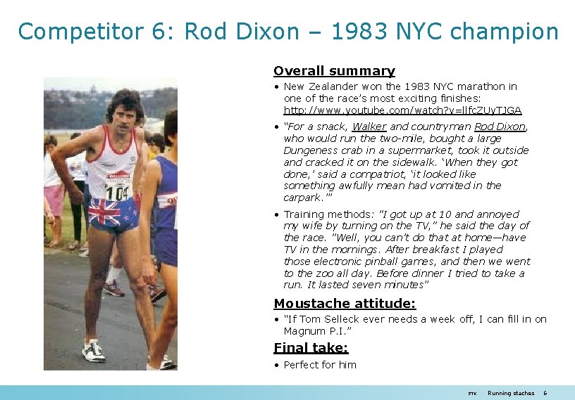 Competitor 6: Rod Dixon – 1983 NYC champion Overall summary • New Zealander won Competitor 6: Rod Dixon – 1983 NYC champion Overall summary • New Zealander won