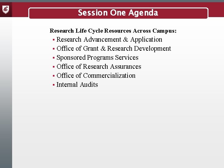 Session One Agenda Research Life Cycle Resources Across Campus: Research Advancement & Application §