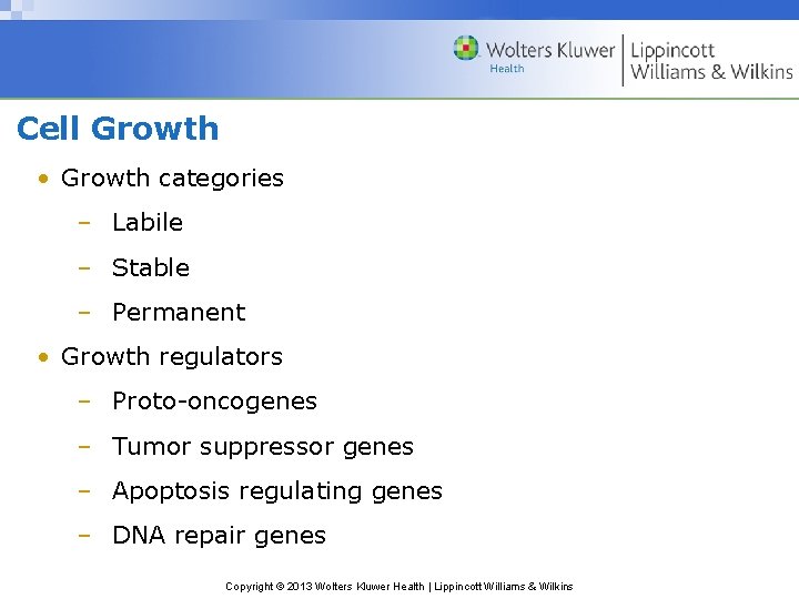 Cell Growth • Growth categories – Labile – Stable – Permanent • Growth regulators