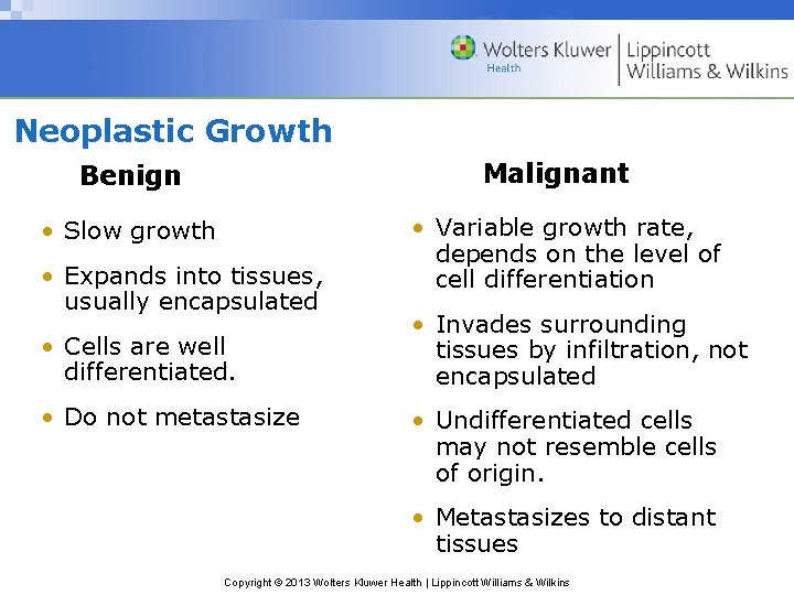 Neoplastic Growth Malignant Benign • Slow growth • Expands into tissues, usually encapsulated •