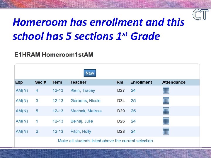 Homeroom has enrollment and this school has 5 sections 1 st Grade CT 