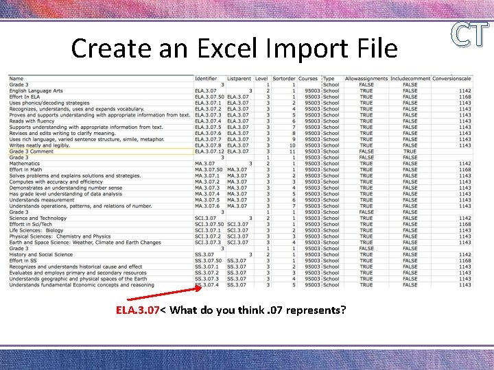 Create an Excel Import File ELA. 3. 07< What do you think. 07 represents?