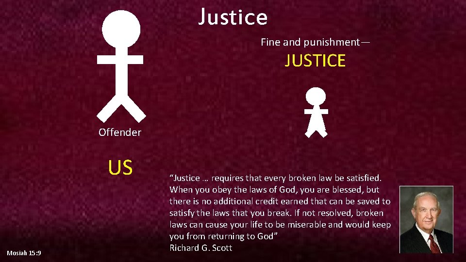 Justice Fine and punishment— JUSTICE Offender US Mosiah 15: 9 “Justice … requires that