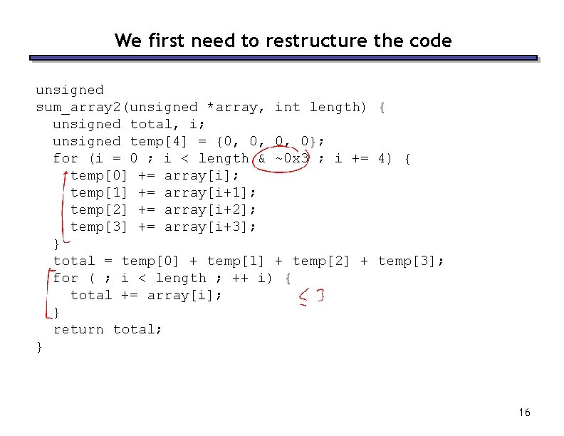 We first need to restructure the code unsigned sum_array 2(unsigned *array, int length) { We first need to restructure the code unsigned sum_array 2(unsigned *array, int length) {
