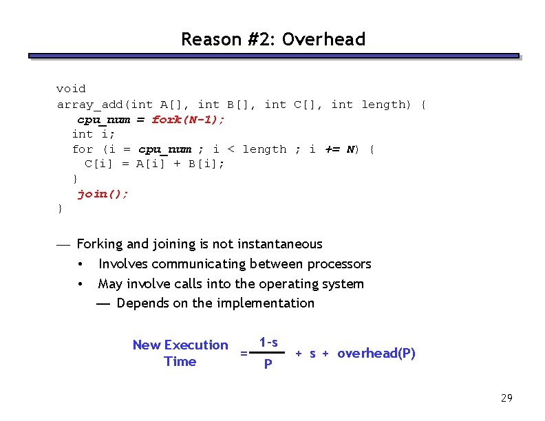 Reason #2: Overhead void array_add(int A[], int B[], int C[], int length) { cpu_num