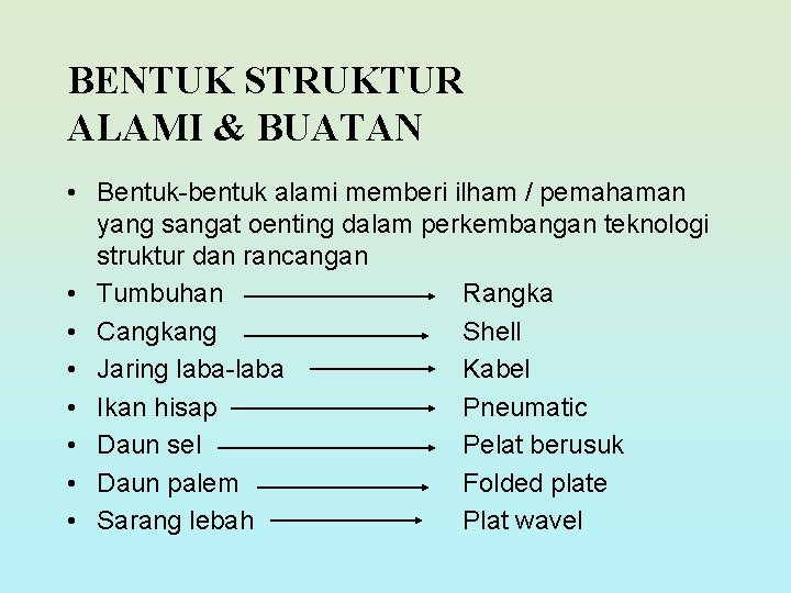 BENTUK STRUKTUR ALAMI & BUATAN • Bentuk-bentuk alami memberi ilham / pemahaman yang sangat BENTUK STRUKTUR ALAMI & BUATAN • Bentuk-bentuk alami memberi ilham / pemahaman yang sangat