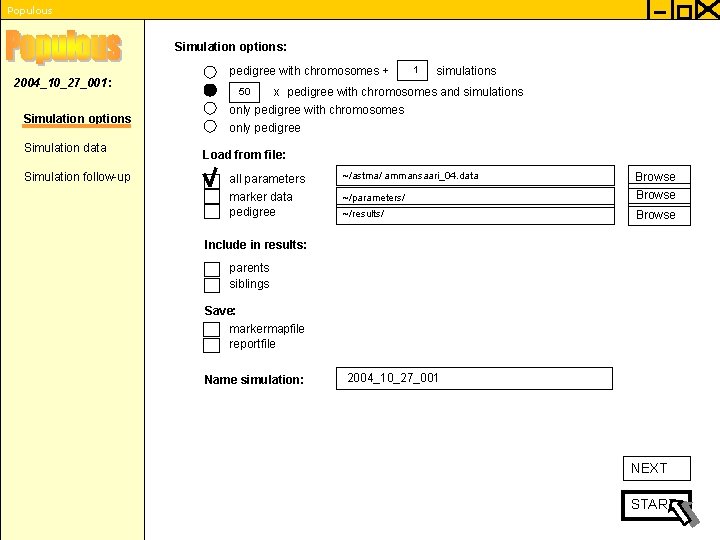 Populous Simulation options: 2004_10_27_001 : Simulation options Simulation data Simulation follow-up pedigree with chromosomes