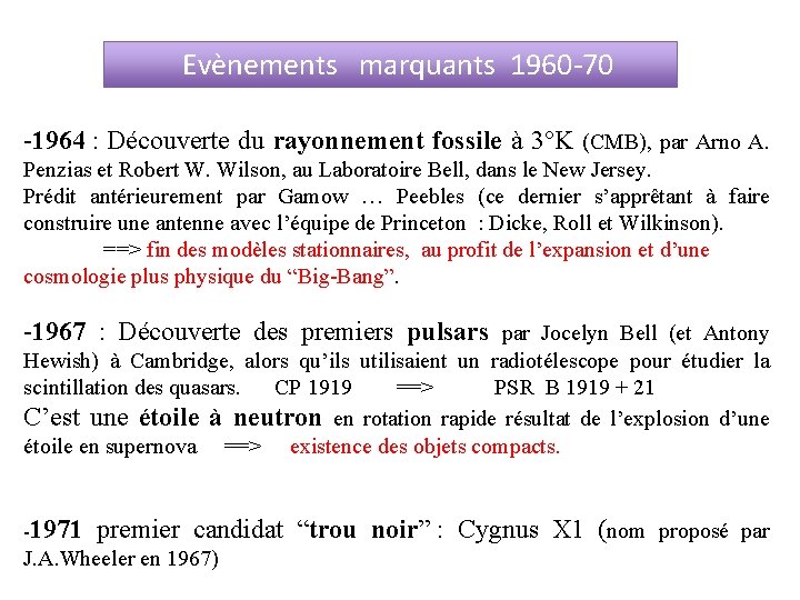  Evènements marquants 1960 -70 -1964 : Découverte du rayonnement fossile à 3°K (CMB),