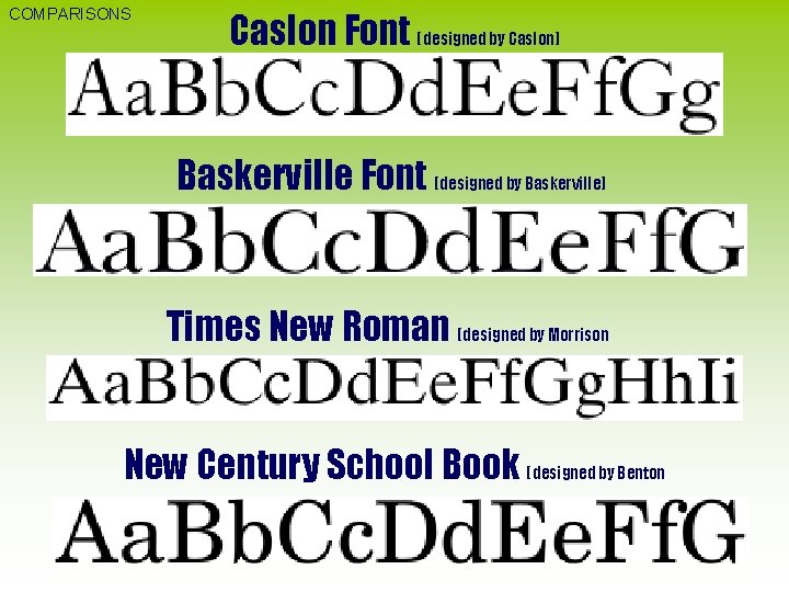 COMPARISONS Caslon Font (designed by Caslon) Baskerville Font (designed by Baskerville) Times New Roman