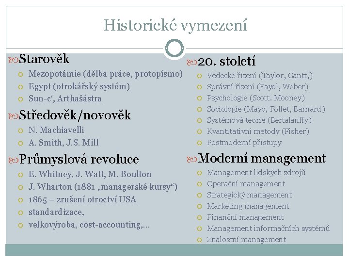 Historické vymezení Starověk Mezopotámie (dělba práce, protopísmo) Egypt (otrokářský systém) Sun-c‘, Arthašástra Středověk/novověk N.