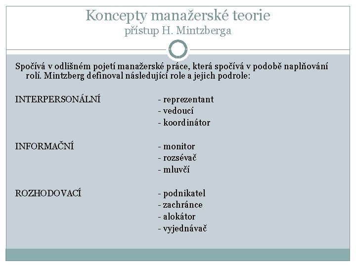 Koncepty manažerské teorie přístup H. Mintzberga Spočívá v odlišném pojetí manažerské práce, která spočívá