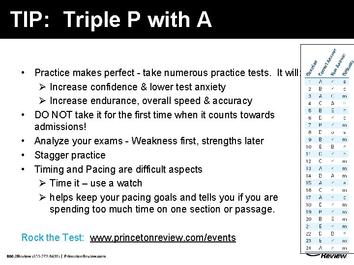 TIP: Triple P with A • Practice makes perfect - take numerous practice tests. TIP: Triple P with A • Practice makes perfect - take numerous practice tests.