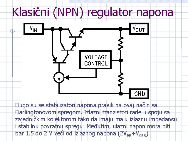 Klasični (NPN) regulator napona Dugo su se stabilizatori napona pravili na ovaj način sa
