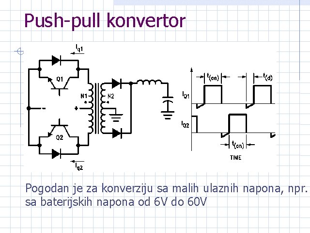 Push-pull konvertor Pogodan je za konverziju sa malih ulaznih napona, npr. sa baterijskih napona