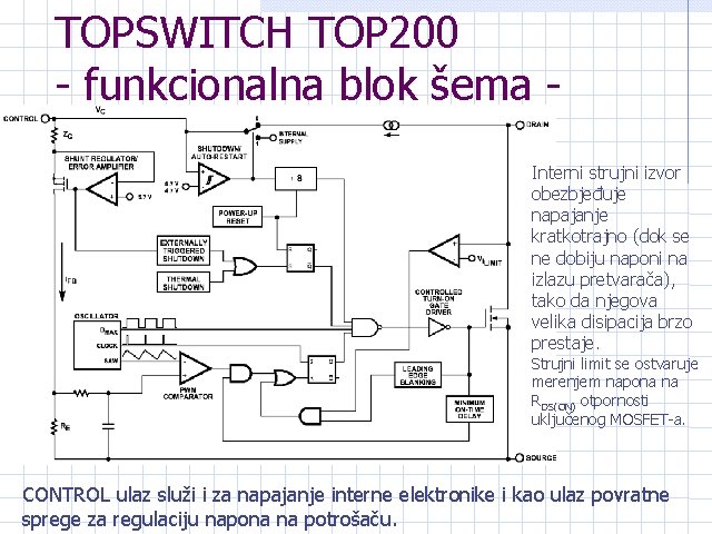 TOPSWITCH TOP 200 - funkcionalna blok šema Interni strujni izvor obezbjeđuje napajanje kratkotrajno (dok