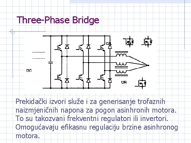 Three-Phase Bridge Prekidački izvori služe i za generisanje trofaznih naizmjeničnih napona za pogon asinhronih